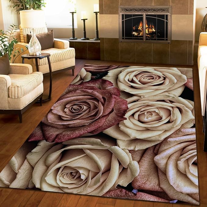 3x5 Area Rug Vintage Pink Dried Flower Roses Easy Clean Rug, Vintage Rose Flower Soft Non-Skid Carpet Throw Rugs for Kids Teen Girls Boys BedroomLiving Room Bathroom Classroom Office
