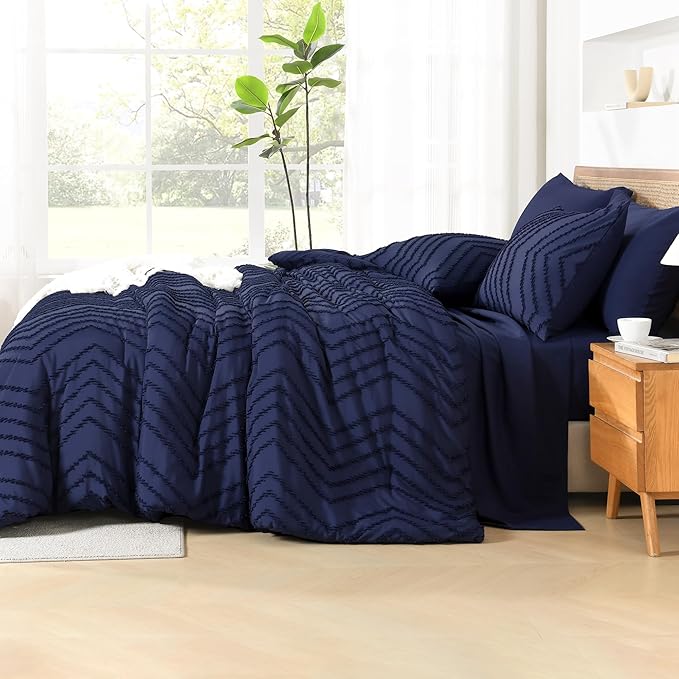 Litanika Queen Size Comforter Set with Sheets Navy Blue - 7 Pieces Bed in a Bag Queen Chevron Tufted Complete Bedding Sets with Comforter, Sheets, Pillowcases & Shams