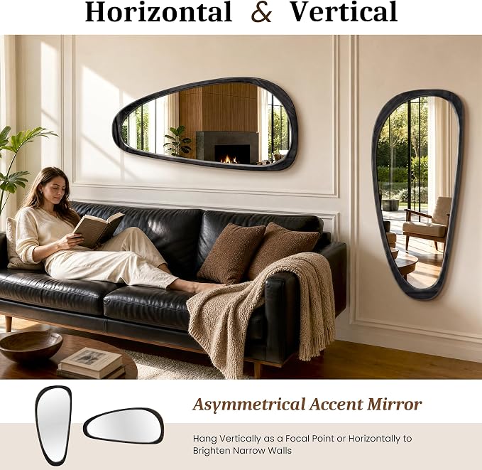 Asymmetrical Mirror, 48"x22" Irregular Mirror Full Length, Wood Wall Mirror for Bathroom Bedroom Living Room Entryway Hallway, Mid Century Modern Decor (Black)