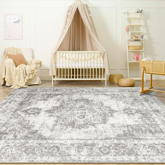 Area Rug 4x6 Vintage Rugs: Washable Indoor Medallion Rug Low Pile Distressed Floor Carpet Retro Accent Rugs for Living Room Bedroom Kitchen Dining Table Home Office(Grey, 4'x6')