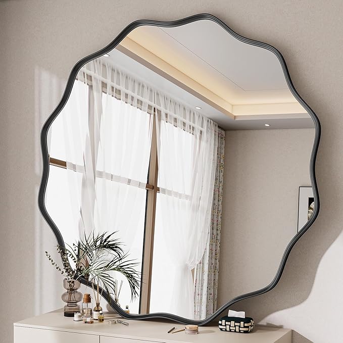 Round Wavy Mirror, 42 Inch Metal Frame Circle Mirror, Round Wall Mounted for Entryway, Bathroom, Vanity, Living Room, Black