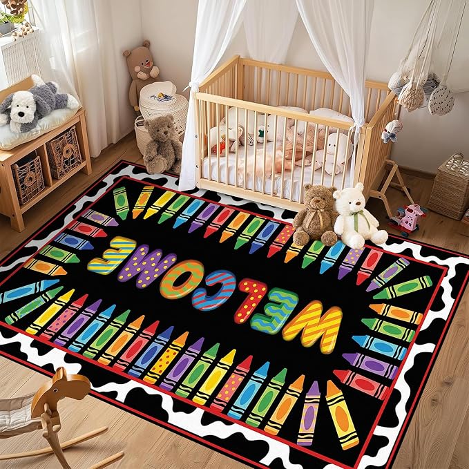 Welcome Crayon Area Rug 6'x9' Colorful Alphabet Rugs for Bedroom Living Room Nursery Playroom Classroom Home Decor Non-Slip Washable Carpet Kids Floor Mat