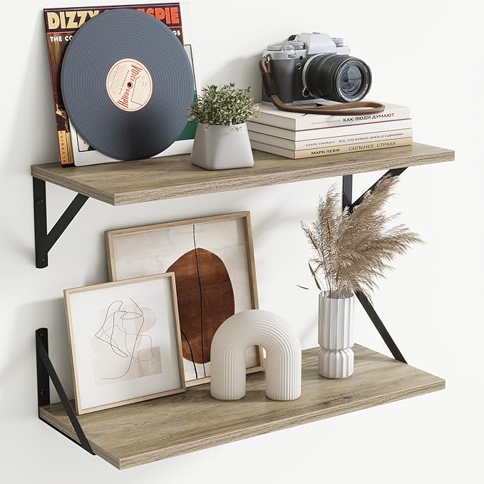 Floating Shelves for Wall Decor,24" Wx8 D Wall Mount Floating Bookshelf Set of 2,Hanging Storage Shelf with Sturdy Metal Brackets,Wooden Shelf for Living Room,Bedroom,Bathroom,Grey