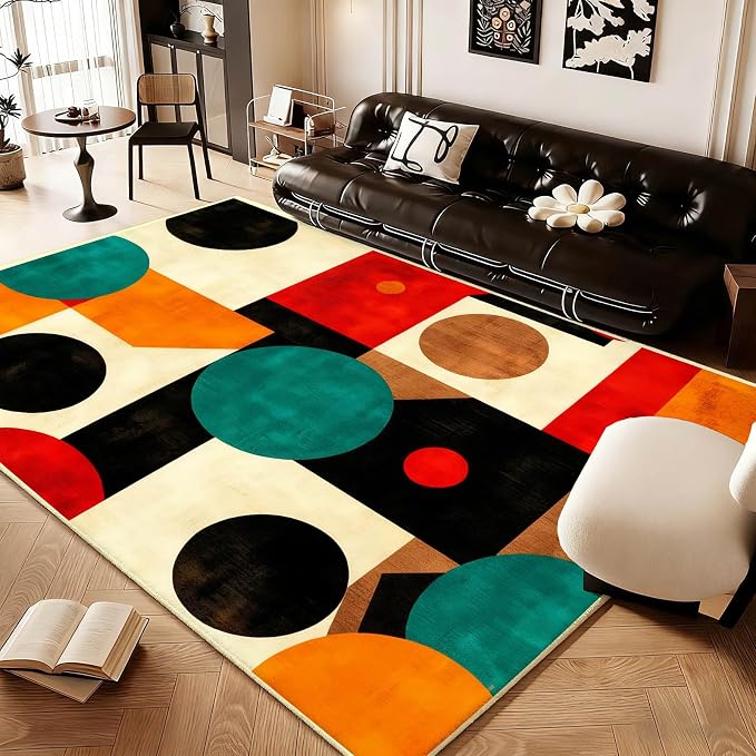 Geometric Rug, Mid Century Modern Rug, Abstract Colorful Geometric Rugs, Washable Non-Slip Soft Low Pile Vintage Abstract Carpet for Living Room, Bedroom (9' x 12'(Rectangular))
