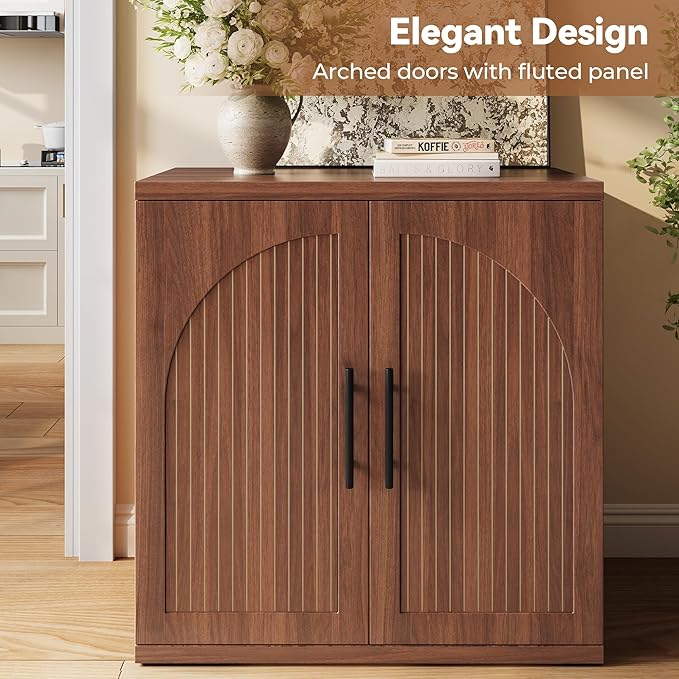 31.5" Fluted Buffet Cabinet with Storage, Mid-Century Symmetrical Arched Sideboard Credenza with Adjustable Shelf, Large Wood Console Table for Dining Room, Kitchen, and Living Room(Walnut)