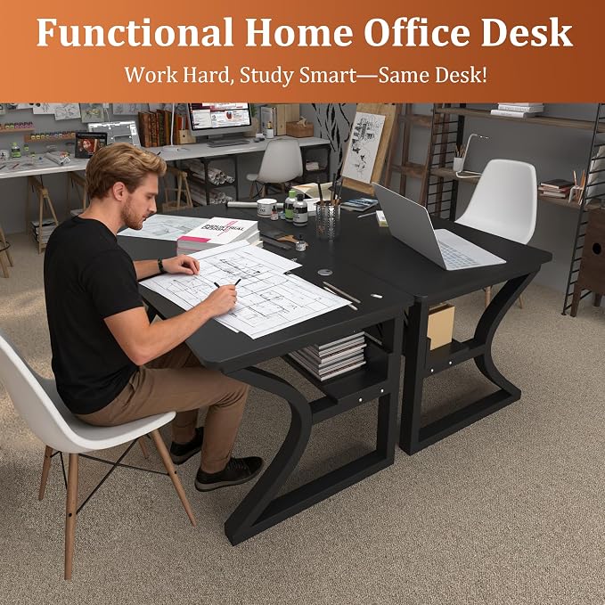 AZN Computer Desk, 47x24 in Computer Desk, Office Desk w/Storage & U-Size Metal Frame for Home Office Bedroom Gaming, Office Desk w/Water-Resistant, Scratchproof Surface, Black