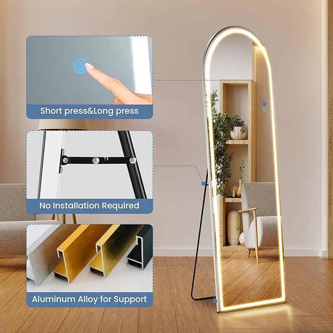 OLIXIS 16"x 60" Arched LED Full Length Mirror with Lights, Standing Lighted Floor Full Body Mirror with 3 Color Lighting, Wall Mounted Mirrors for Bedroom, Home, Entryway with Tempered Glass