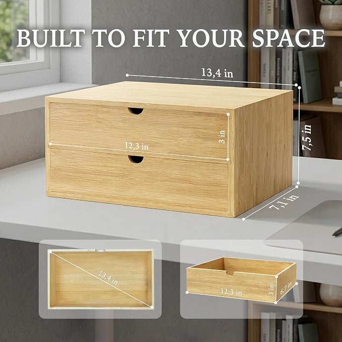 Bamboo Desk Organizer with 2 Drawers, Desktop Drawers Wooden Storage Box 13.4 x 7.1 x 7.5 Inches Countertop Organizer for Office Supplies, Solid Wood Tabletop Drawer No Assembly Required