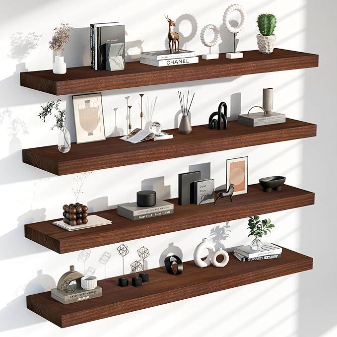 Floating Shelves for Wall, 60 Inch Extra Long Walnut Wall Shelves, Set of 4, Hanging Invisible Brackets Floating Shelves for Living Room,Bedroom,and Kitchen