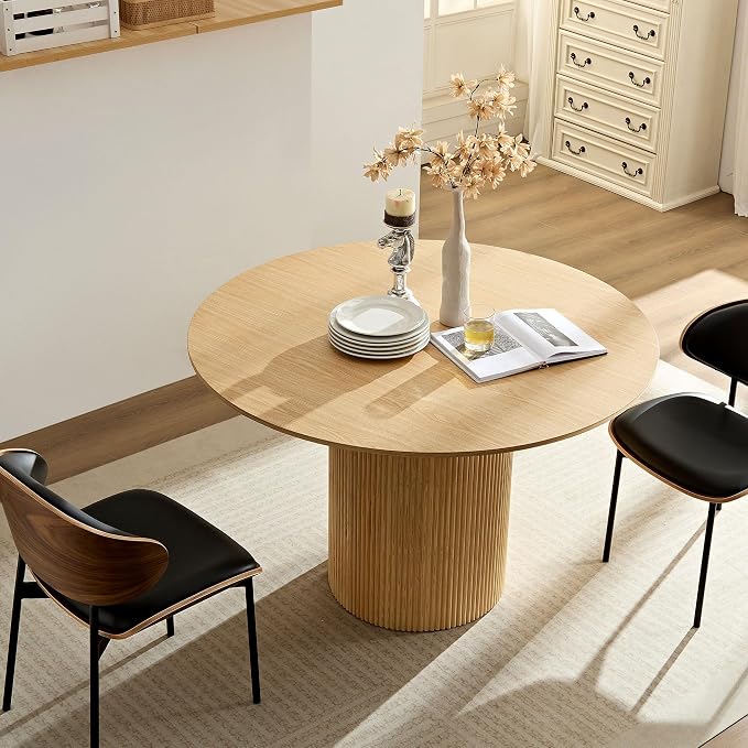 JUSTONE 47.2''Round Dining Table for 4,Modern Kitchen Table with Wooden Pedestal Base,Minimalist Elegant Dining Table for Living Room, Dining Room(φ47.2"x29.8"H,Oak)
