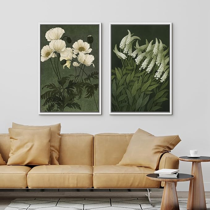 IDEA4WALL Framed Canvas Print Wall Art Set White Bloom Botanical Elegant Green and Cream Floral Illustrations Modern Art Decorative Calm/Zen for Living Room, Bedroom, Office - 24"x36"x2 White