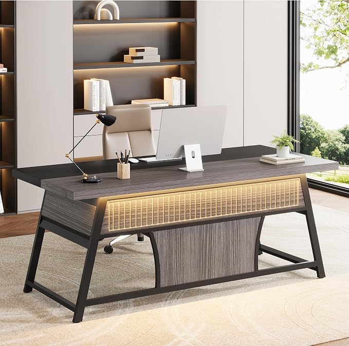 63-inch Executive Desk with Storage Shelf, Large Home Office Desk with Metal Frame & LED Light, Long Computer Desks for Home Office, Gray and Black