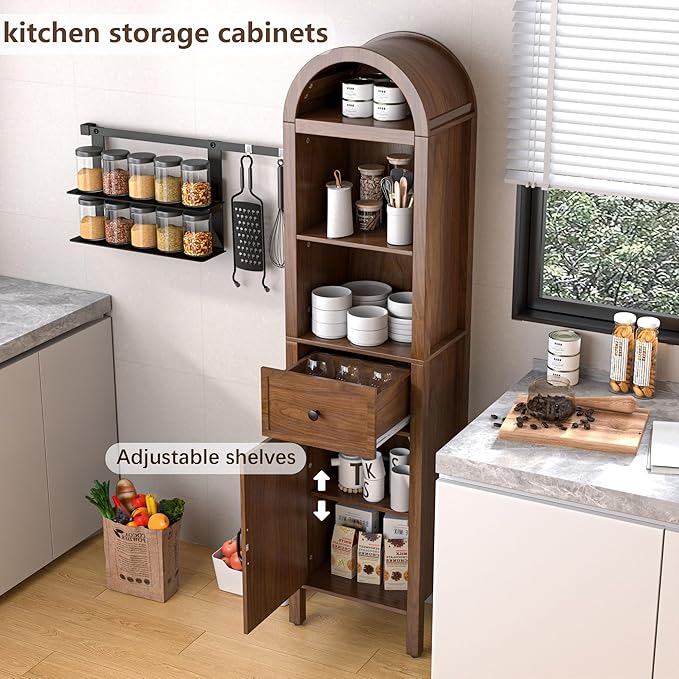 64" Tall Bathroom Storage Cabinet with Adjustable Shelves,Tall Narrow Arched Freestanding Tower Cabinet with Fluted Doors and Drawers,Space Saving Organizer for Bathroom Living Room (Walnut)