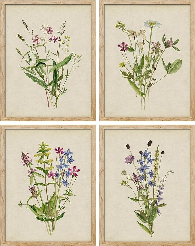 SIGNWIN Framed Watercolor Floral Botanical Wall Art, Set of 4 Vintage Wall Decor Prints, Minimalist Wall Décor for Living Room, Bedroom - 12"x16" Natural
