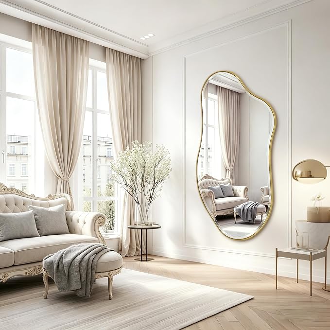 POZINO Large Irregular Beveled Mirror, 63"x31.5" Asymmetrical Wall Mirror with Gold Metal Frame, Organic Shaped Mirrors for Living Room Bedroom Bathroom Hallway Entryway, Horizontal/Vertical