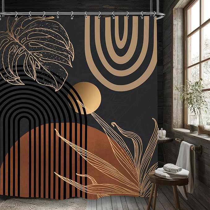 Yookeb Abstract Black Mid Century Bathroom Shower Curtain 60W by 71H Inch Minimalist Aesthetic Modern Contemporary Polyester Fabric 12 Plastic Hooks Waterproof Decor