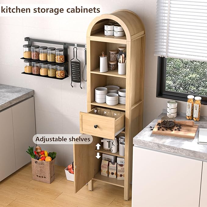 64" Tall Bathroom Storage Cabinet with Adjustable Shelves,Tall Narrow Arched Freestanding Tower Cabinet with Fluted Doors and Drawers,Space Saving Organizer for Bathroom Living Room (Oak)
