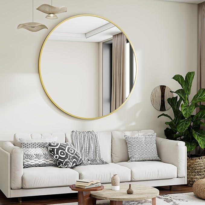 VooBang Large Gold Round Bathroom Mirror, 48 inch Circle Wall Mounted Hanging Mirror with Simple Modern Circular Metal Frame for Hallway, Entryway, Living Room, Gold Frame