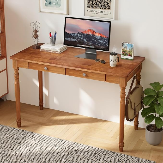 Vintage Solid Wood Writing Desk - 48" W Large Secretary Desk with 2 Drawers, Mid Century Modern Computer Desks with 2 Hooks, Writing Vanity Dressing Table for Home Office, Bedroom, Walnut