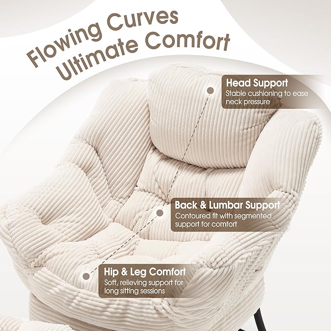 Lazy Chair with Ottoman, Comfy Lounge Chair for Reading, Relaxing, and Napping, Perfect for Living Room, Bedroom, or Office, White