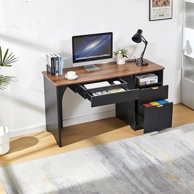 55" Modern Computer Desk with Keyboard Tray, Built-in Power Outlets, Fluted Design, 2-in-1 Main Drawer & Adjustable File Drawer, Office Desk for Home Workspace (Walnut with Black)