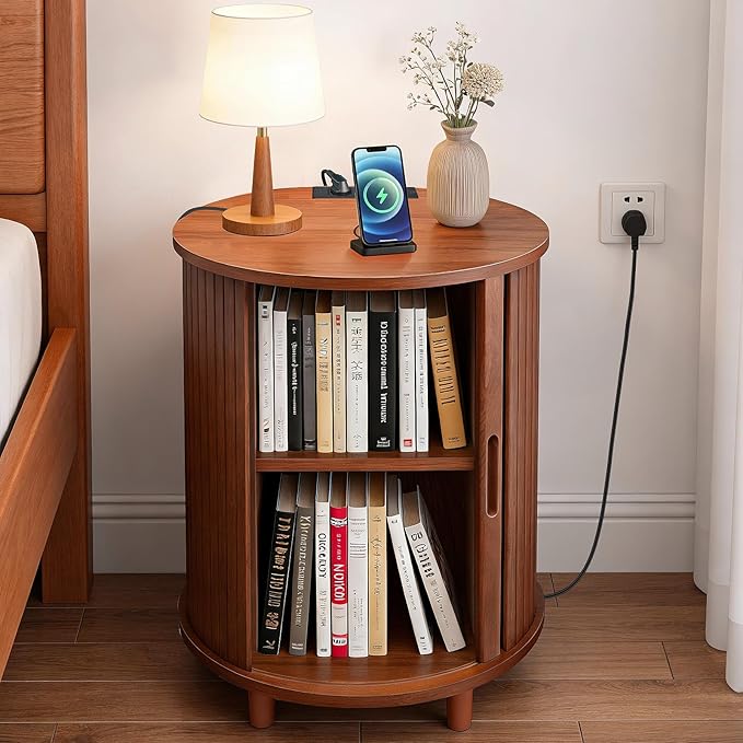DHH End Table Set of 2 with Storage & Charging Station, Fluted Accent Side Table with Sliding Door & Adjustable Shelf, Mid-Century Nightstand for Small Spaces, Living Room, Bedroom(2, Walnut)