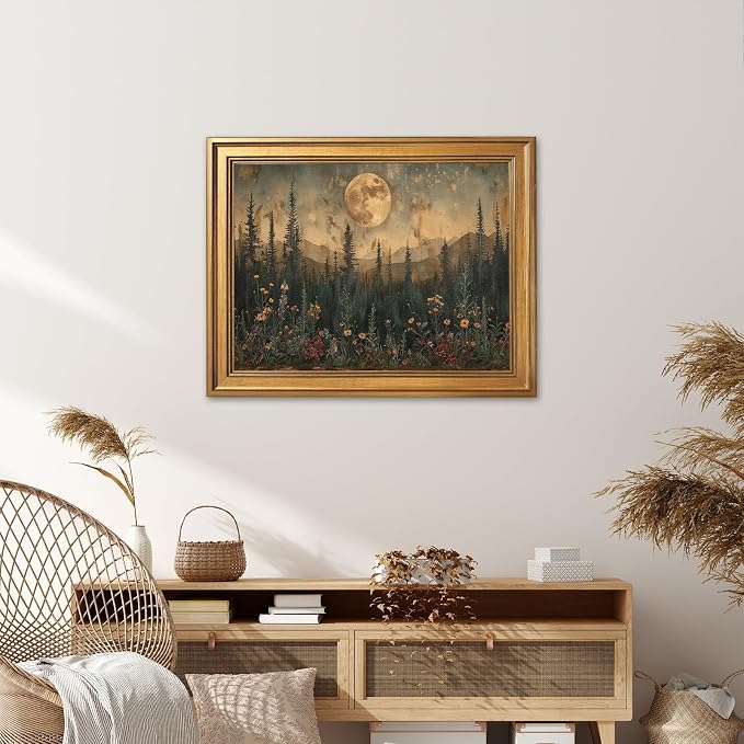 Vintage Nature Forest Wall Art Canvas Print Dark Moon Landscape Painting Woodland Wildflowers Picture Artwork Natural Scenery for Farmhouse Bedroom Living Room Wall Decor 24x36inch Golden frame