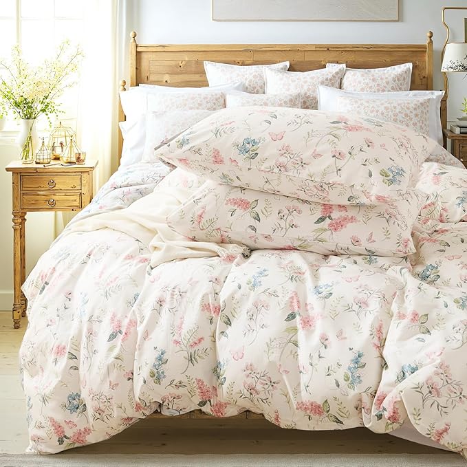 Duvet Cover King Size - 100% Nature Cotton Pink Floral Duvet Cover with Zipper Closure & Corner Ties,3pcs Soft & Breathable Pink Bedding Set with 2 Pillowcases 20"x36"