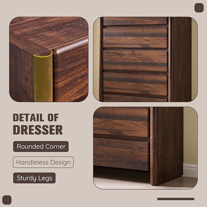Modern 5 Drawers Dresser for Bedroom, 43" Tall Dresser & Chests of Drawers w/Rounded Corner, Wood Handleless Dresser w/Large Storage & Natural Texture for Bedroom, Living Room-Brown