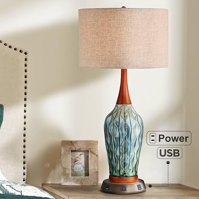 360 Lighting Rocco Mid Century Modern Table Lamp with USB and AC Power Outlet Workstation Charging Base Handmade 30" Tall Blue Ceramic Tan Drum Shade for Living Room Bedroom (Color May Vary)