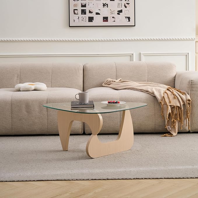 35.8'' Modern Glass Coffee Table with Geometry Base, Triangle Shape Coffee Table for Living Room Office, Natural Oak Finish Wood Base, Mid-Century Style Cocktail Center Table for Small Space