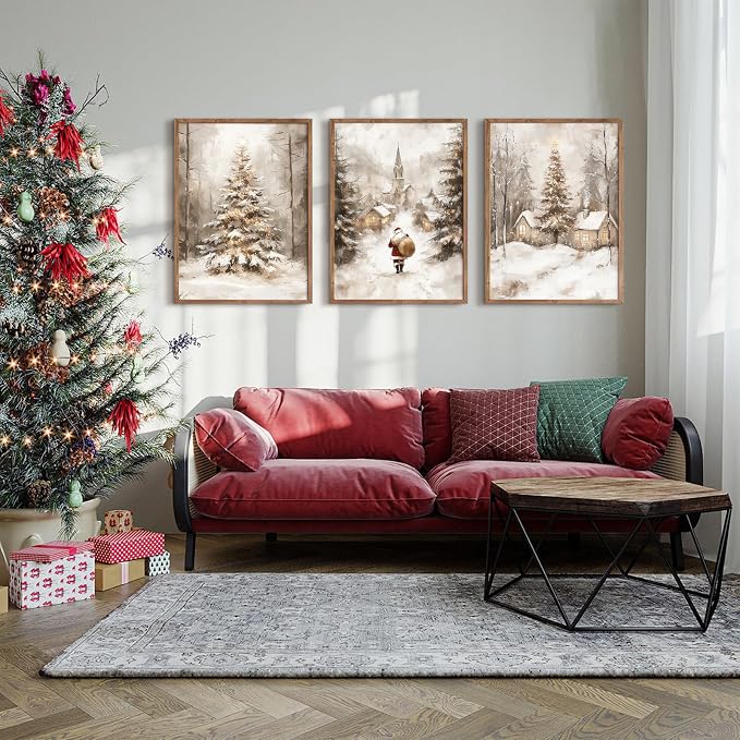 Christmas Wall Art Decor Winter Santa Pictures Vintage Christmas Canvas Poster Snowy Pine Trees Wall Art Xmas Forest Prints Santa Claus Painting Artwork for Bedroom Living Room 12x16x3 Inch Unframed