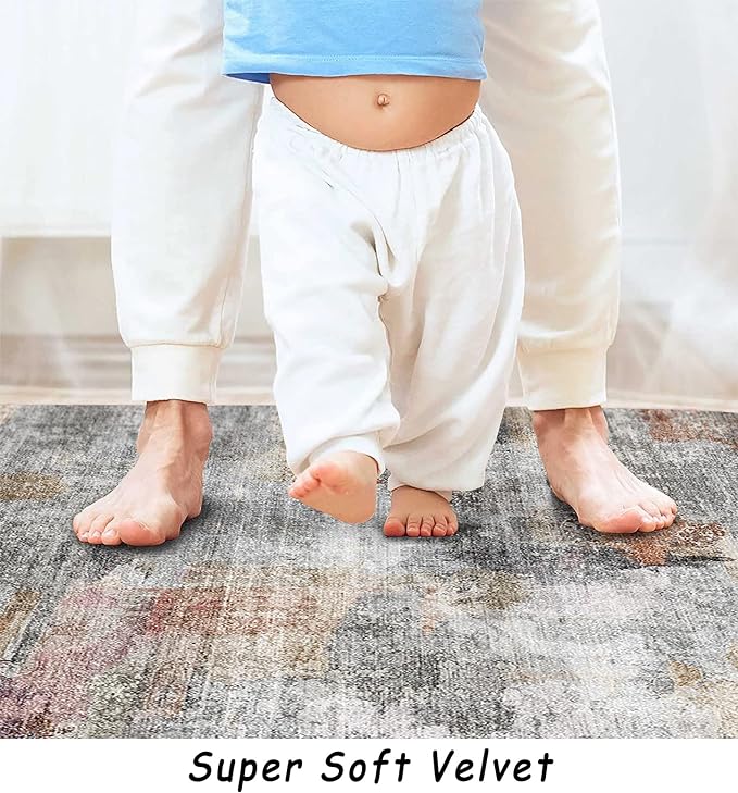 vivorug 5x7 Area Rugs - Ultra-Thin Washable Rug with Non-Slip Backing, Ideal for Living Room, Bedroom, Kitchen Floor Carpet - Modern Abstract, Easy Clean, Durable, Low Pile Gray/Rust