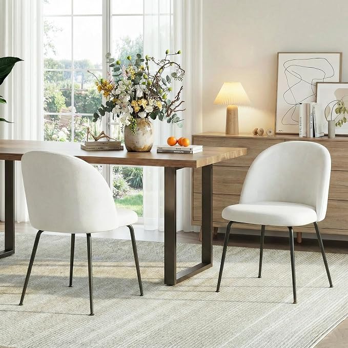 Casaphoria Dining Chairs Set of 2, Modern White and Black Upholstered Accent Chairs with Metal Legs, Ergonomic Comfy Vanity Chair for Kitchen, Living Room, and Bedroom