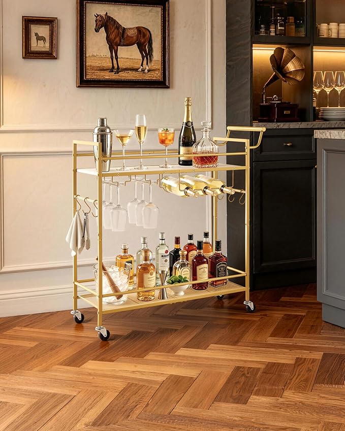 VEVOR Bar Cart, 2 Tiers Home Kitchen Serving Carts, Modern Rolling Utility Station on Wheel, Mobile Drink Beverage Trolley with Wooden & Mesh Shelf, Wine Rack, Glass Holder, 33.86x11.81x32.68 in, Gold