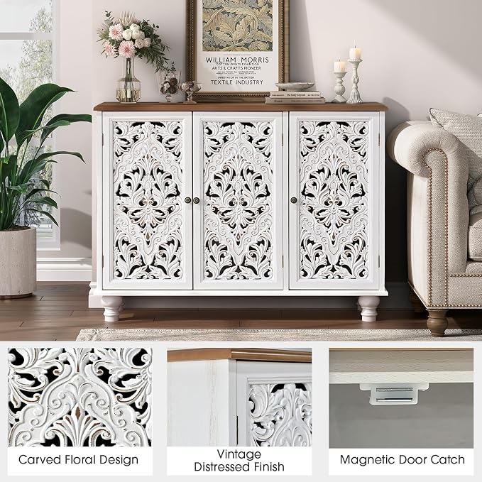 JOINICE Accent Cabinet with 3 Carved Doors,Farmhouse Buffet Cabinet with Storage for Living Room, Entryway, Dining Room, Coffee Bar(White)