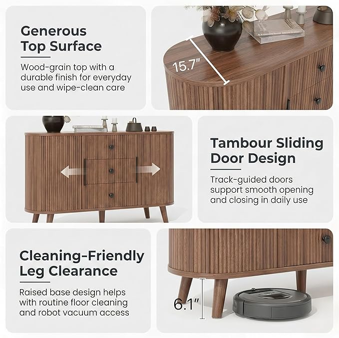 47.2" Mid-Century Modern Fluted Sideboard Buffet Cabinet with Tambour Sliding Doors, 3 Drawers & Adjustable Shelves, Walnut Storage Credenza Console for Living Room, Entryway (Walnut brown)