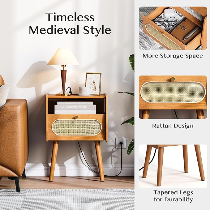 Night Stand Set 2, Rattan Nightstands Set of 2 with Charging Station, Mid Century Modern Bedside Table with Drawer, Boho End Table with Solid Wood Legs, Side Tables for Bedroom, Small Space, Cherry