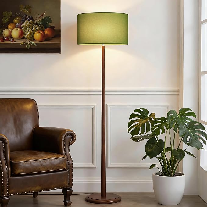 61" Rustic Walnut Wood Floor Lamp, Mid Century Standing Tall Lamp with Linen Shade, Retro Farmhouse Lighting for Home Living Room, Bedroom, Dining Room, UL listed, E26 Base (Bulb Not Included), Green