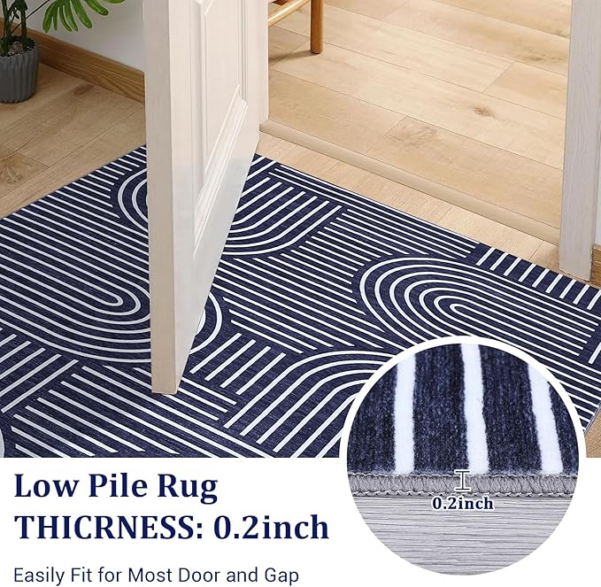Washable Rug 9x12 Area Rugs for Living Room, Abstract Rug for Bedroom, Soft Rainbow Non Slip Throw Rugs with Rubber Back, Low Pile Stain Resistant Boho Geometric Carpet for Dining Room, Blue
