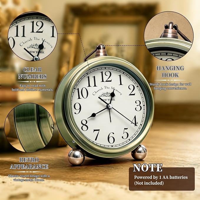 Metal Analog Alarm Clock - 5'' Battery Operated Silent Non-Ticking Quartz Antique Retro Small Desk Clocks for Bedside Bedrooms Living Room Office Home Decor (Bronze)