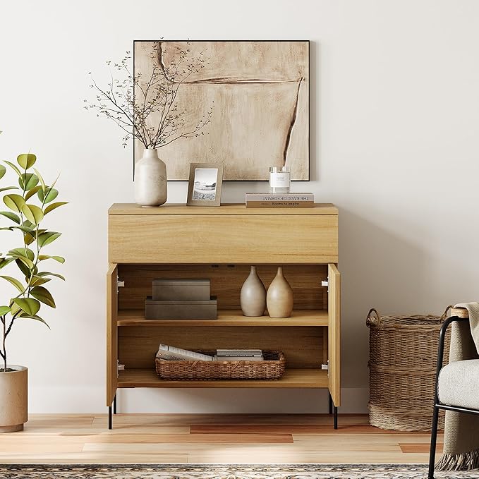 WAMPAT 31.5" Buffet Sideboard Cabinet with Storage, Wood Credenza Console Table with 1 Drawer & 2 Doors, Coffee Bar Cabinet, Wine Bar Storage for Dining Room, Living Room, Oak