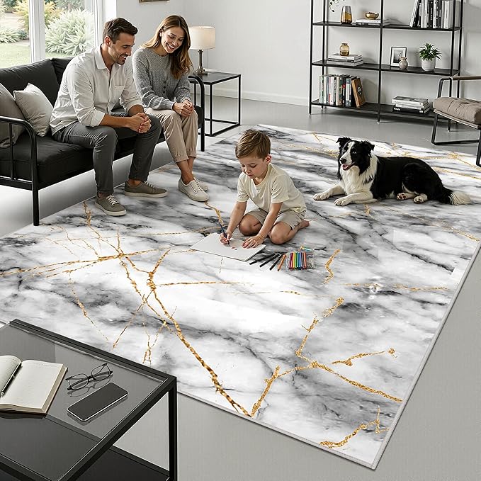 Merelax 5x8 Rug for Bedroom Livingroom - Washable Non-Slip Large Area Rug, Indoor Floor Carpet Low Pile Soft Rug for Dining Room, Mudroom, Modern Aesthetic Abstract Geometric Decor, Grey/Gold