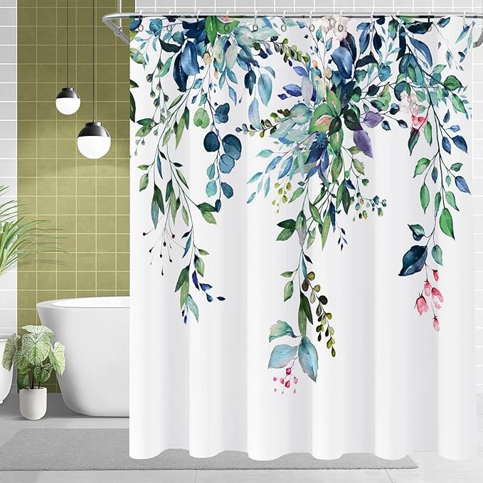 Eucalyptus Shower Curtain, Watercolor Green Leaves Plant Floral Spring Nature Waterproof Fabric Machine Washable with Hooks for Bathroom Bathtub Decor 60Wx72H