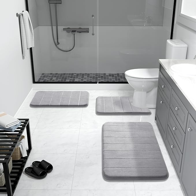 Yimobra Memory Foam Bath Mat, Super Soft Absorbent Bathroom Rug Non Slip, Quick Dry, Machine Washable Floor Carpet for Tub Shower, Home Decor Accessories, 24x17, Grey