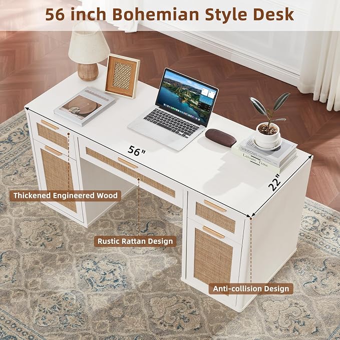 LEYAOYAO Office Desk 56" with 5 Drawers Storage File Cabinet Rattan Wood Desk for Computer Office Bedroom Home Furniture White
