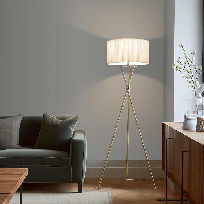 Brightech Jaxon Tripod Floor Lamp with Pleated Drum Shade, Modern Lamp for Living Room & Office, Contemporary and Elegant LED Lamp, Gold Standing Lamp for Bedroom Reading, Home Decor - Brass