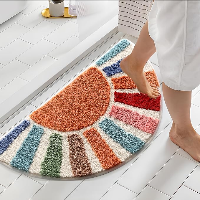 Moutina Boho Bathroom Rugs Cute Half Circle Bath Mat 16x30 Inch, Soft and Absorbent Tufted Bohemian Sun Bath Mat Non Slip Washable, Boho Bathroom Decor Rug Colorful Decorations