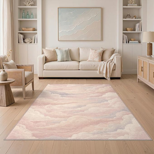 5'x7' Washable Aesthetic Wave Area Rug, White Non-Shedding Pet Friendly Carpet Easy Care Kids Safe Mat for Small Living Room, Playroom, Bedroom | Ref:2208256
