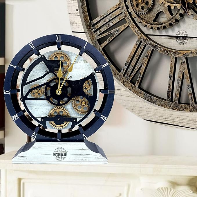 ImprovingLife The Gears Clock Desk Clock 10 inches with Real Moving Gears Convertible into Wall Clock (White Farmhouse)